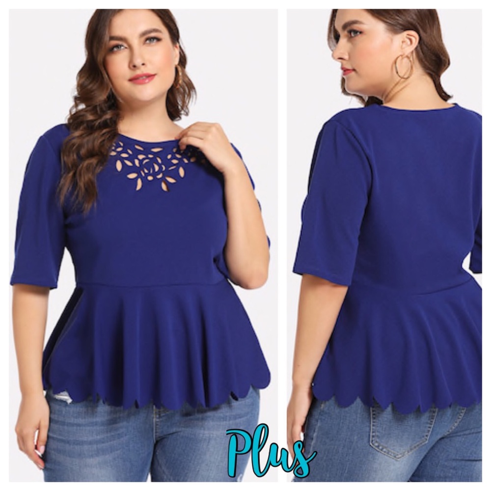 ➕Laser Cut Scalloped Hem Peplum Top